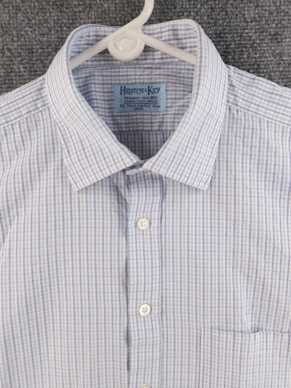 Hilditch Key 16.5 Cotton Check Point Blue Pocket Button Up Men Shirt Long Sleeve